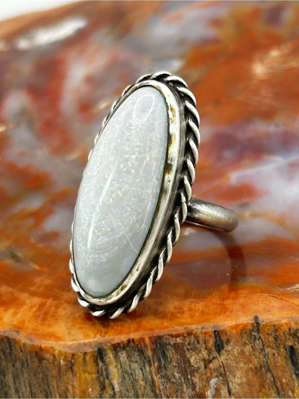Vintage Sterling Silver Ring with Natural White Opal - Size 6, very large stone
